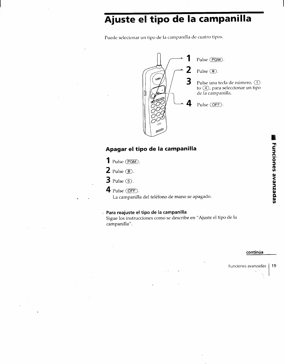 Apagar el tipo de la campanilla, Para reajuste el tipo de la campanilla, Continúa | Ajuste el tipo de la campanilla | Sony SPP-930 User Manual | Page 44 / 54
