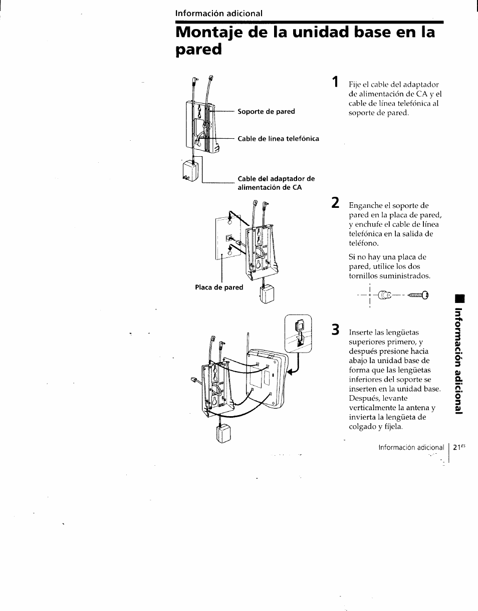 Información adicional, Montaje de la unidad base en la pared | Sony SPP-930 User Manual | Page 46 / 54