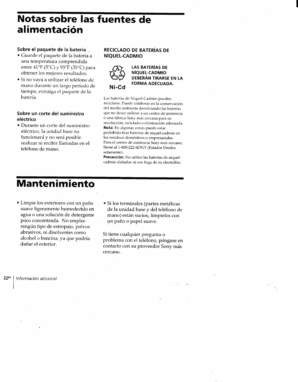 Sobre el paquete de la batería, Sobre un corte del suministro eléctrico, Reciclado de baterías de níquel-cadmio | Notas sobre las fuentes de alimentación, Mantenimiento | Sony SPP-930 User Manual | Page 47 / 54