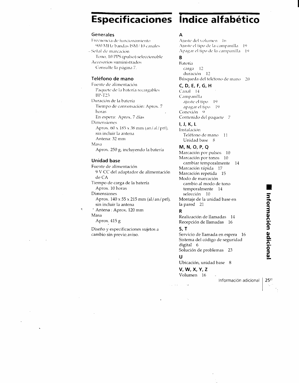 Especificaciones indice alfabético | Sony SPP-930 User Manual | Page 50 / 54
