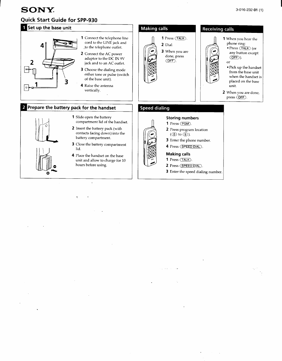 Prepare the battery pack for the handset, Making calls, Speed dialing | Receiving calls, Storing numbers, Sony, Quick start guide for spp-930, Set up the base unit, Speed dialing receiving calls | Sony SPP-930 User Manual | Page 53 / 54