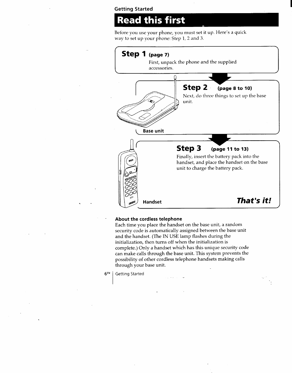 Getting started, Base unit, Handset | About the cordless telephone, Read this first, Step 1, Step, Step 3 | Sony SPP-930 User Manual | Page 6 / 54