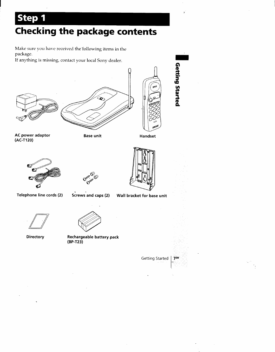 Step 1, Checking the package contents | Sony SPP-930 User Manual | Page 7 / 54