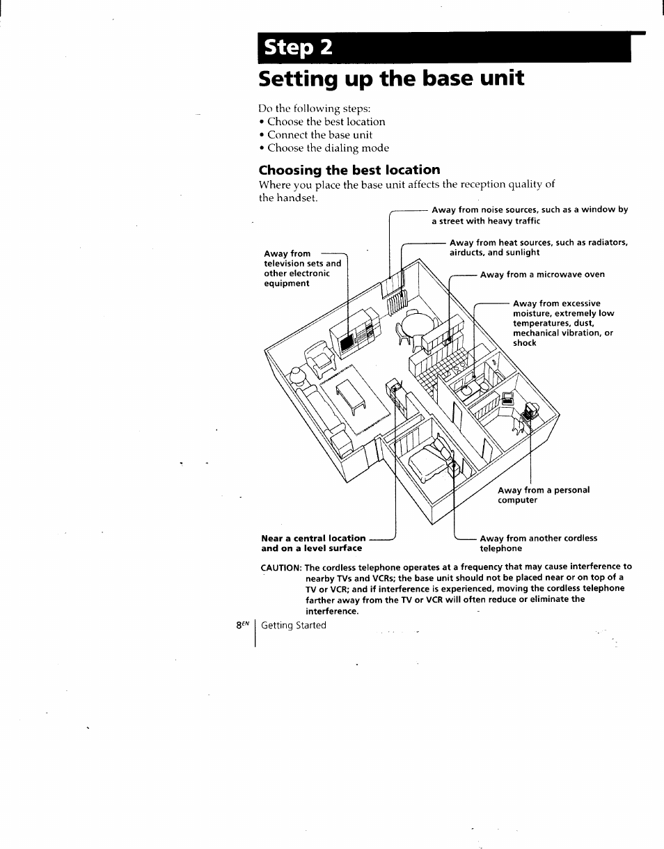 Step 2, Choosing the best location, Setting up the base unit | Sony SPP-930 User Manual | Page 8 / 54