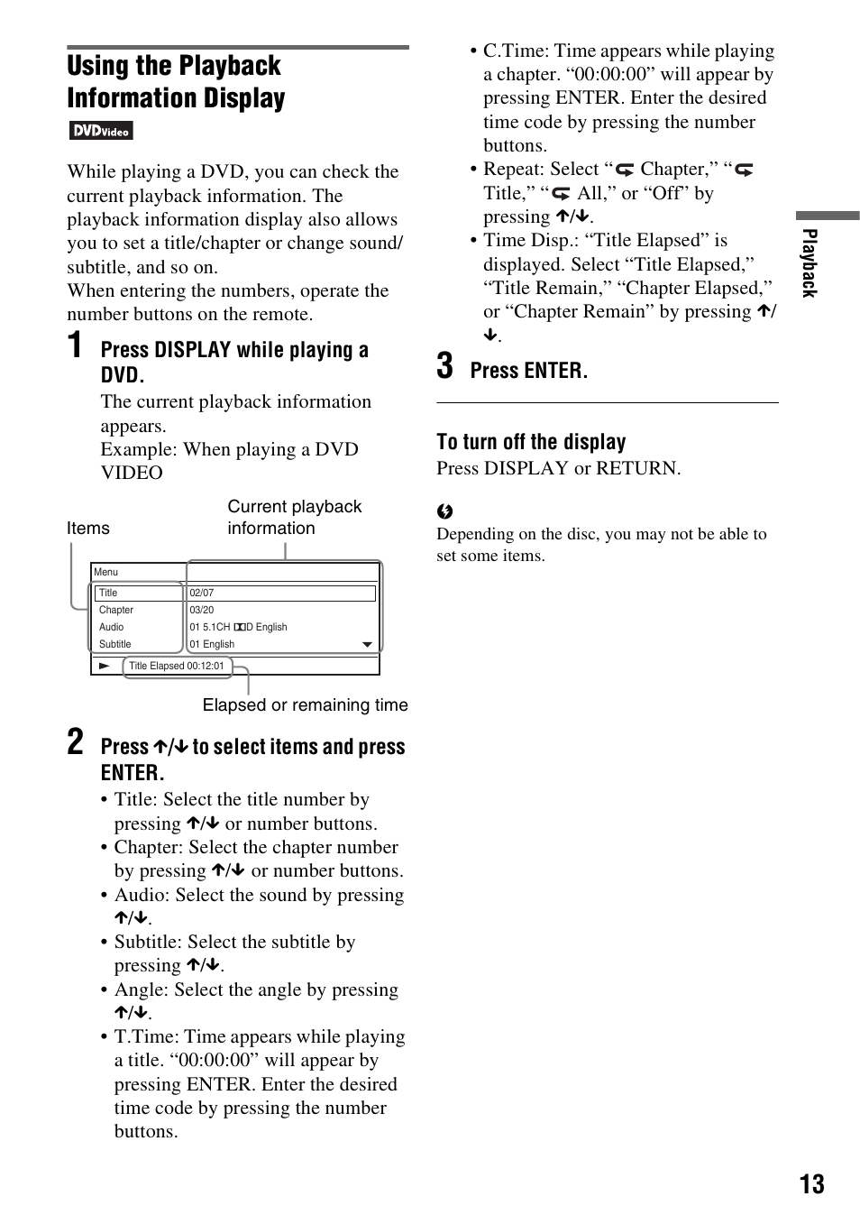 Using the playback information display | Sony DVP FX750 User Manual | Page 13 / 36