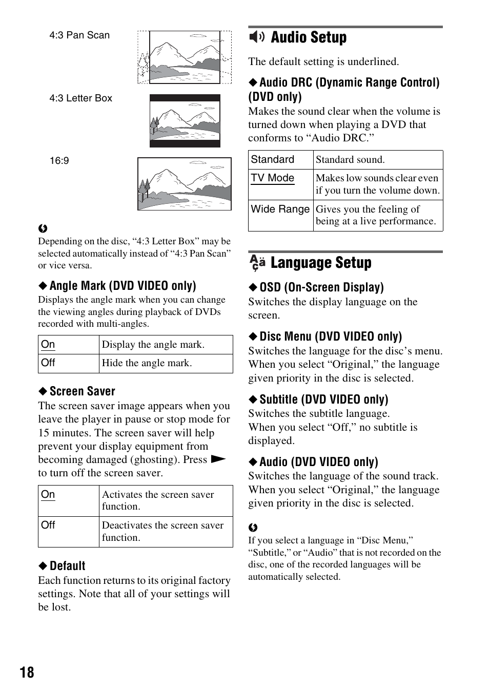 Audio setup, Language setup | Sony DVP FX750 User Manual | Page 18 / 36