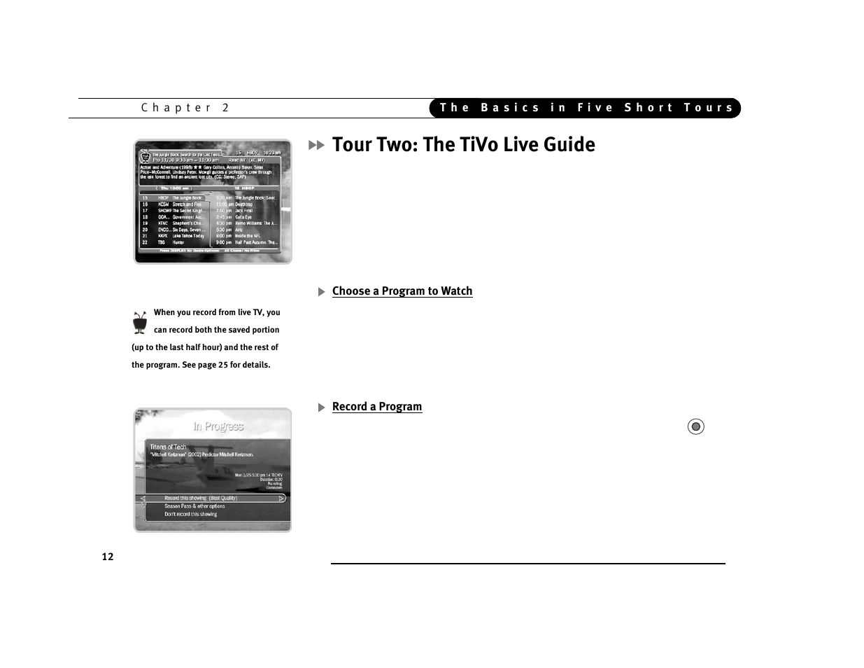 Tour two: the tivo live guide | Sony SVR-2000 User Manual | Page 19 / 107