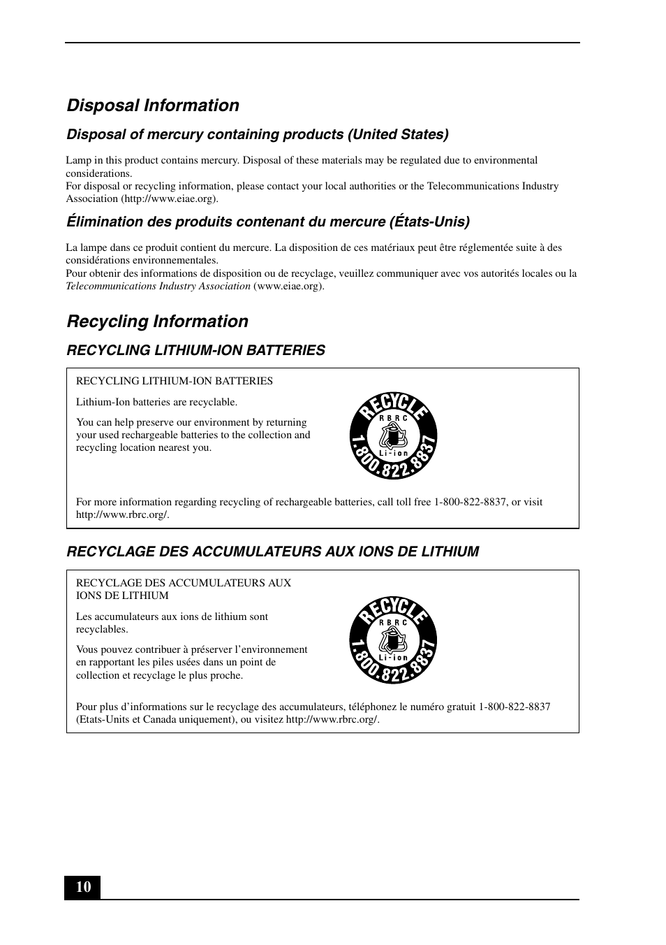 Disposal information, Recycling information | Sony VPCF131FM User Manual | Page 10 / 28