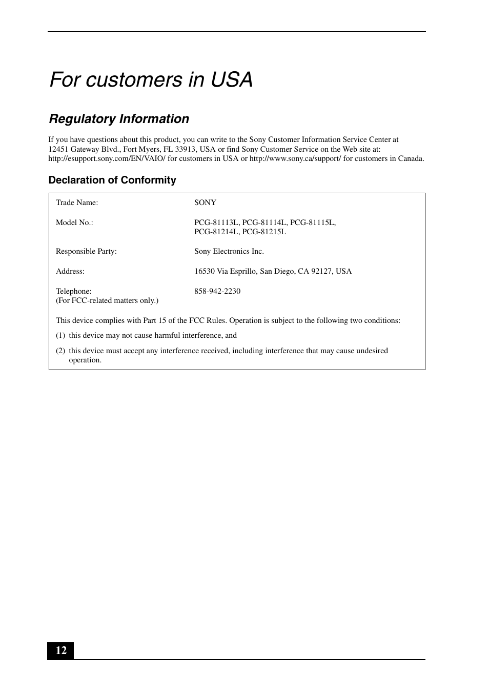 For customers in usa, Regulatory information | Sony VPCF131FM User Manual | Page 12 / 28