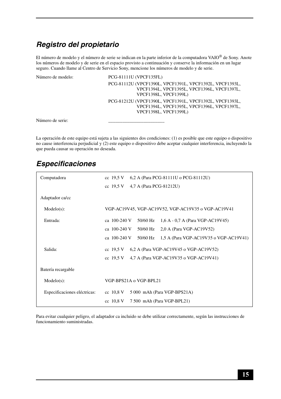 Registro del propietario, Especificaciones | Sony VPCF131FM User Manual | Page 15 / 28