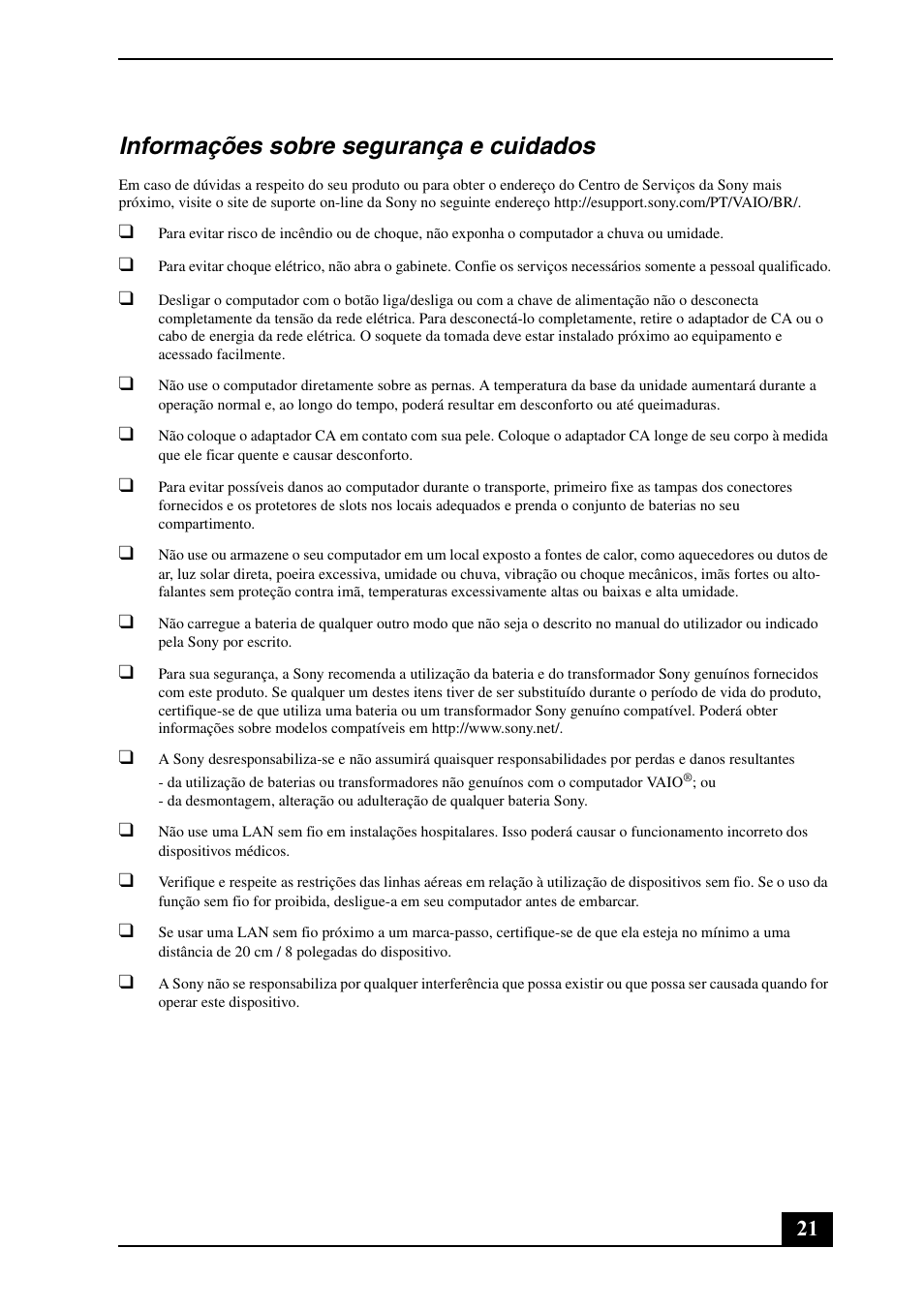 Informações sobre segurança e cuidados | Sony VPCF131FM User Manual | Page 21 / 28