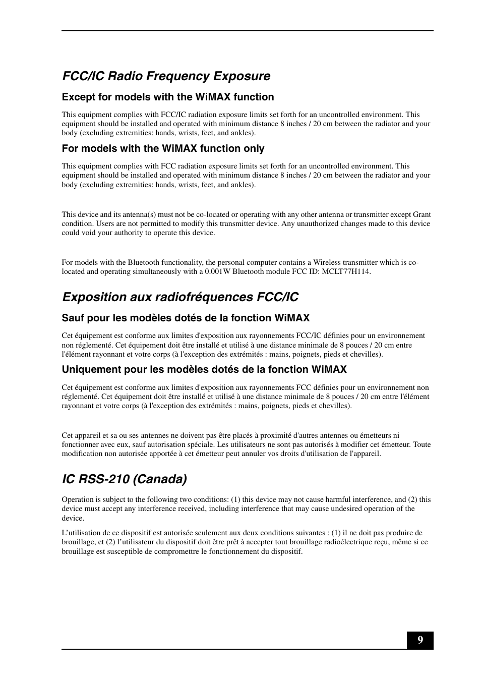 Fcc/ic radio frequency exposure, Exposition aux radiofréquences fcc/ic, Ic rss-210 (canada) | Sony VPCF131FM User Manual | Page 9 / 28