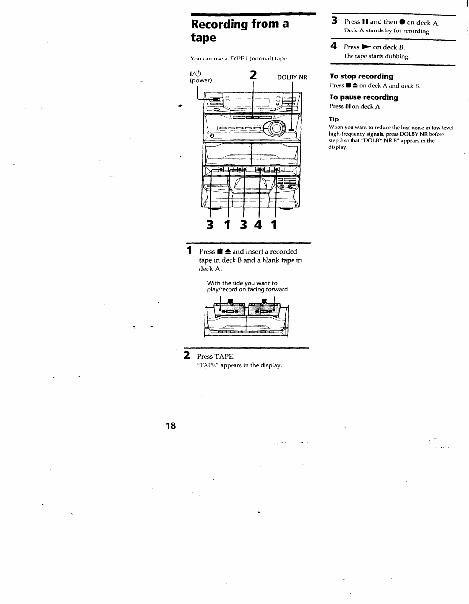 Recording from a tape, To stop recording, To pause recording | Sony LBT-G2500 User Manual | Page 18 / 35