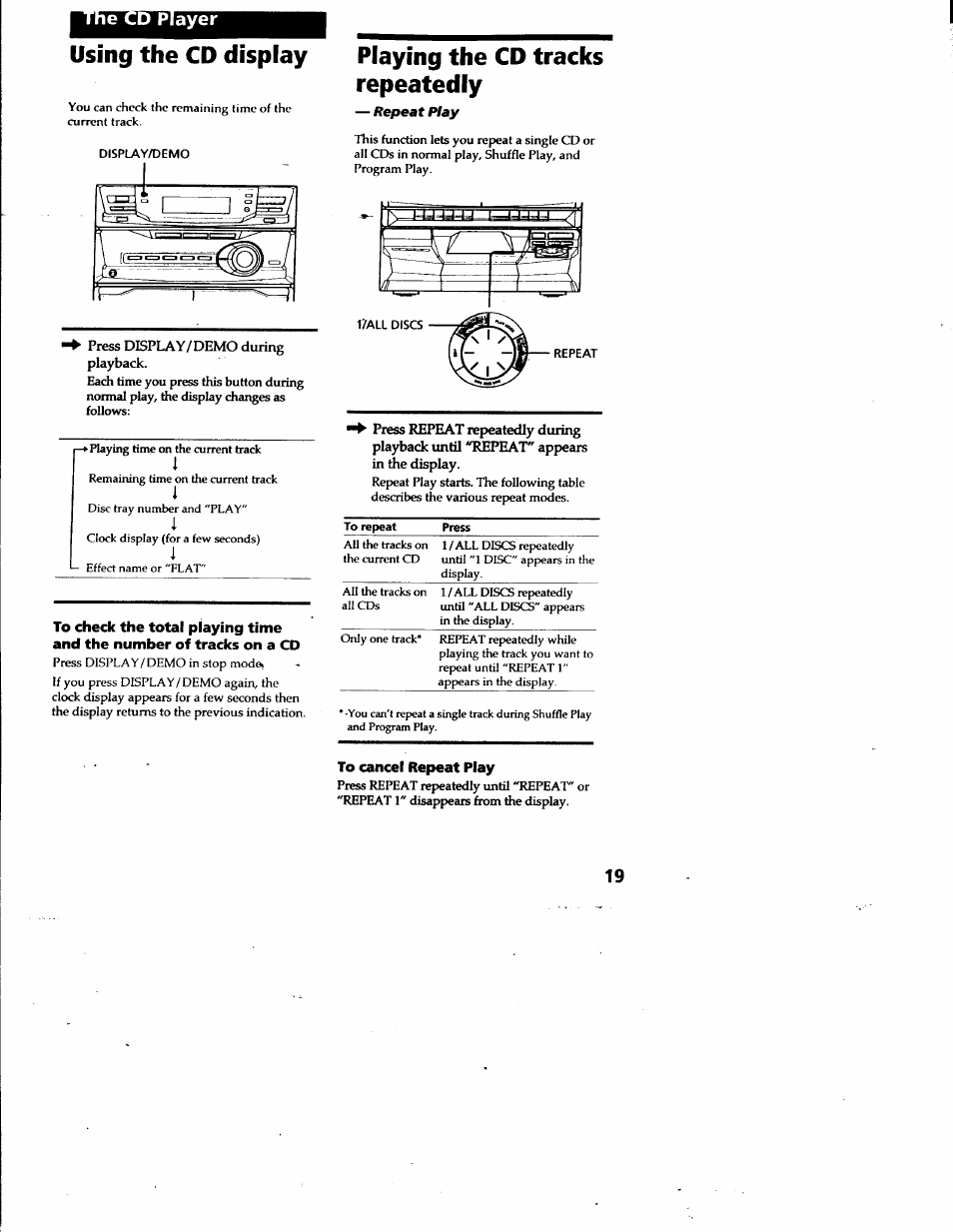 E cd player, Using the cd display, Playing the cd tracks repeatedly | To cancel repeat play | Sony LBT-G2500 User Manual | Page 19 / 35