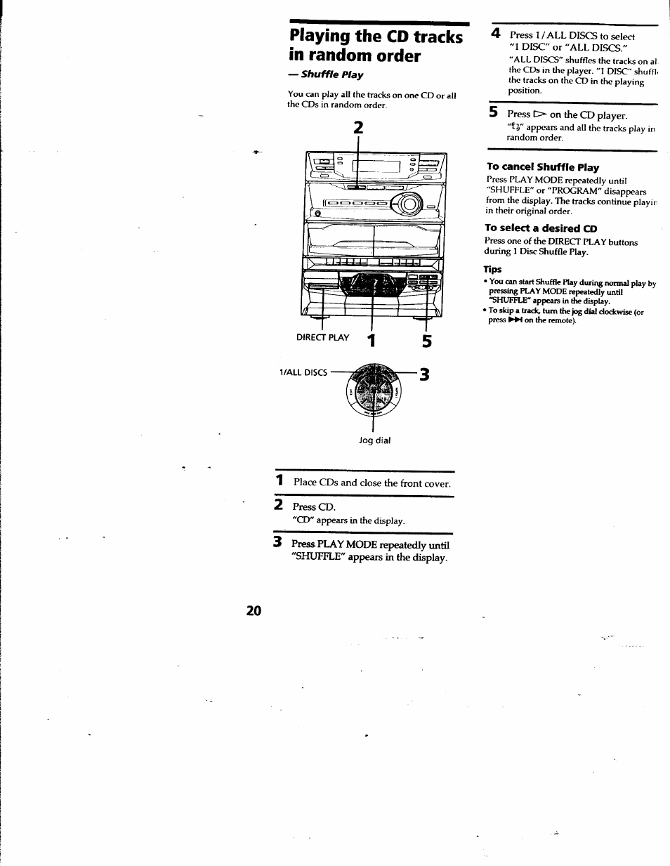 Playing the cd tracks in random order, To cancel shuffle play, To select a desired cd | Sony LBT-G2500 User Manual | Page 20 / 35