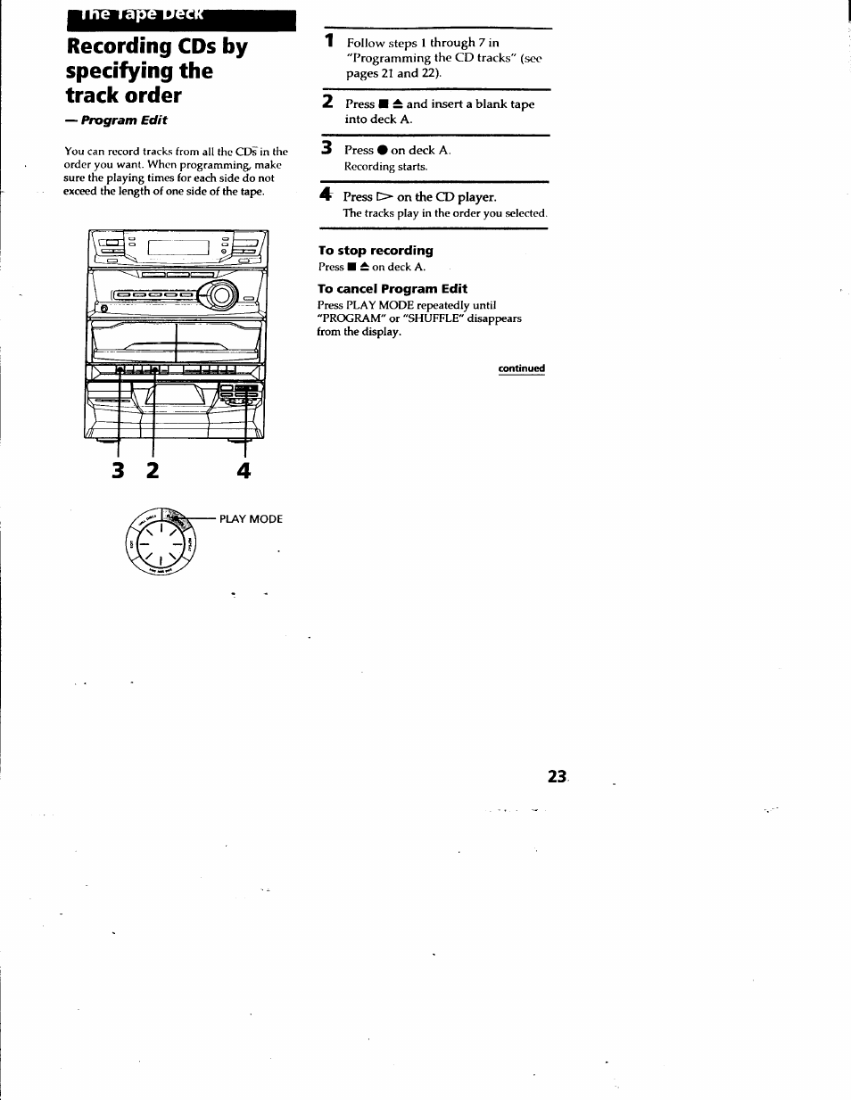 Recording cds by specifying the track order, To stop recording, To cancel program edit | A/ 1\a7 | Sony LBT-G2500 User Manual | Page 23 / 35