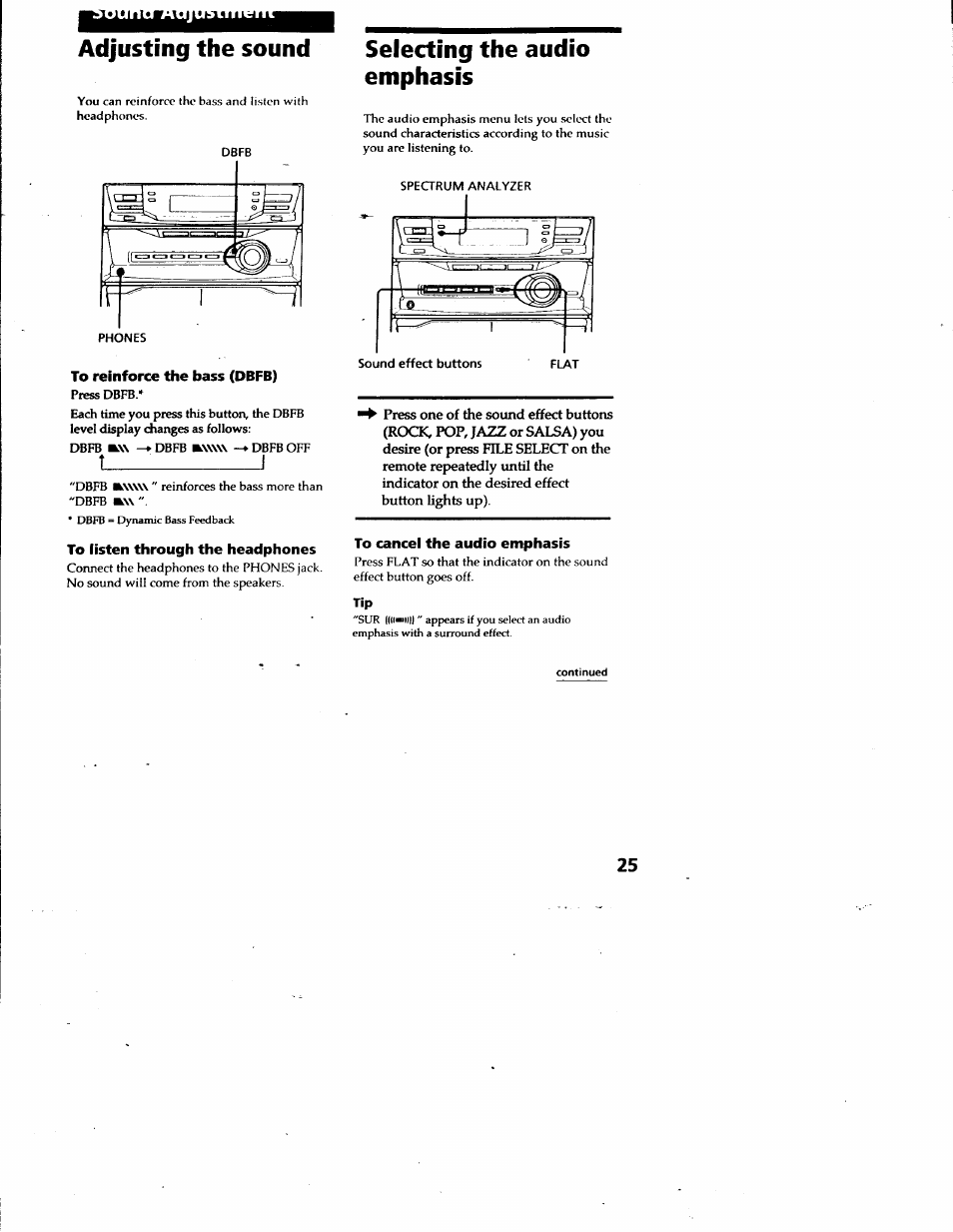 To reinforce the bass (dbfb), To listen through the headphones, Selecting the audio emphasis | To cancel the audio emphasis, Adjusting the sound | Sony LBT-G2500 User Manual | Page 25 / 35