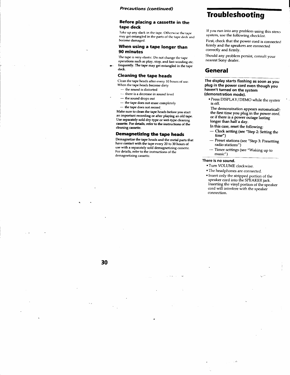 Before placing a cassette in the tape deck, When using a tape longer than 90 minutes, Cleaning the tape heads | Demagnetizing the tape heads, Troubleshooting, General | Sony LBT-G2500 User Manual | Page 30 / 35