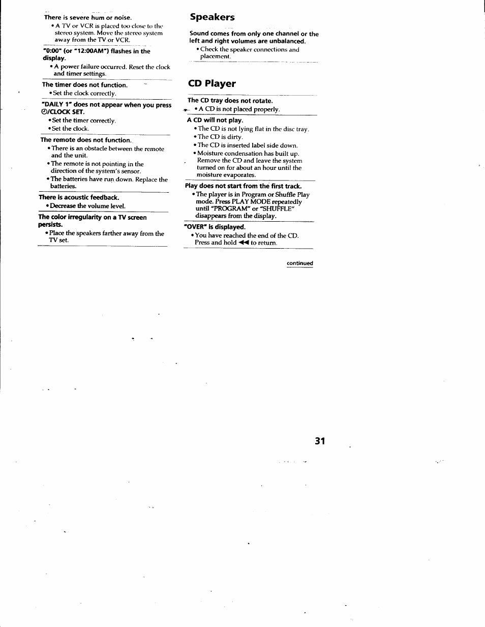 There is severe hum or noise, The timer does not function, The remote does not function | There is acoustic feedback, Speakers, Cd player, The cd tray does not rotate | Sony LBT-G2500 User Manual | Page 31 / 35