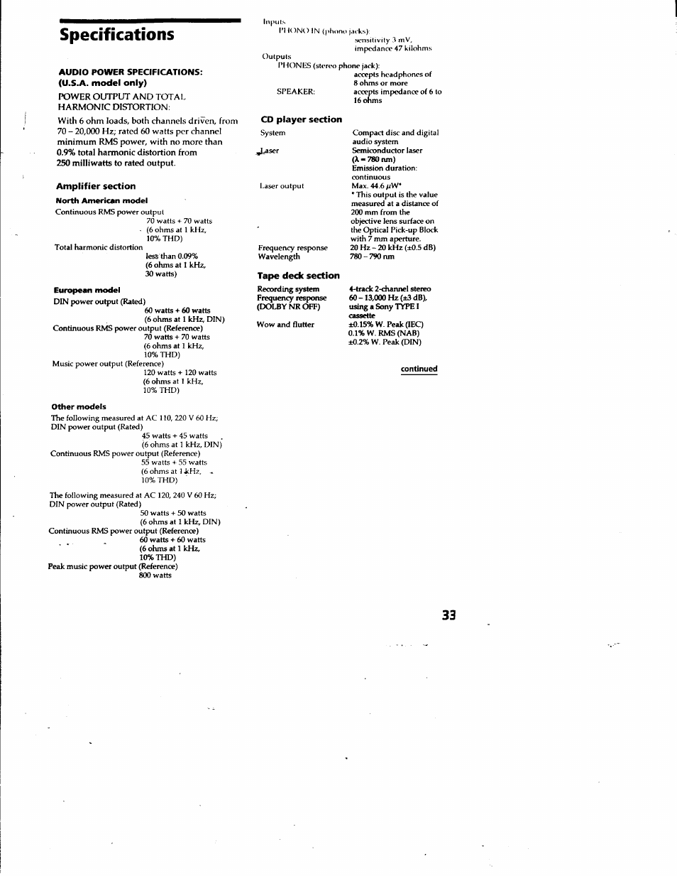 Specifications, Audio power specifications, Amplifier section | Sony LBT-G2500 User Manual | Page 33 / 35