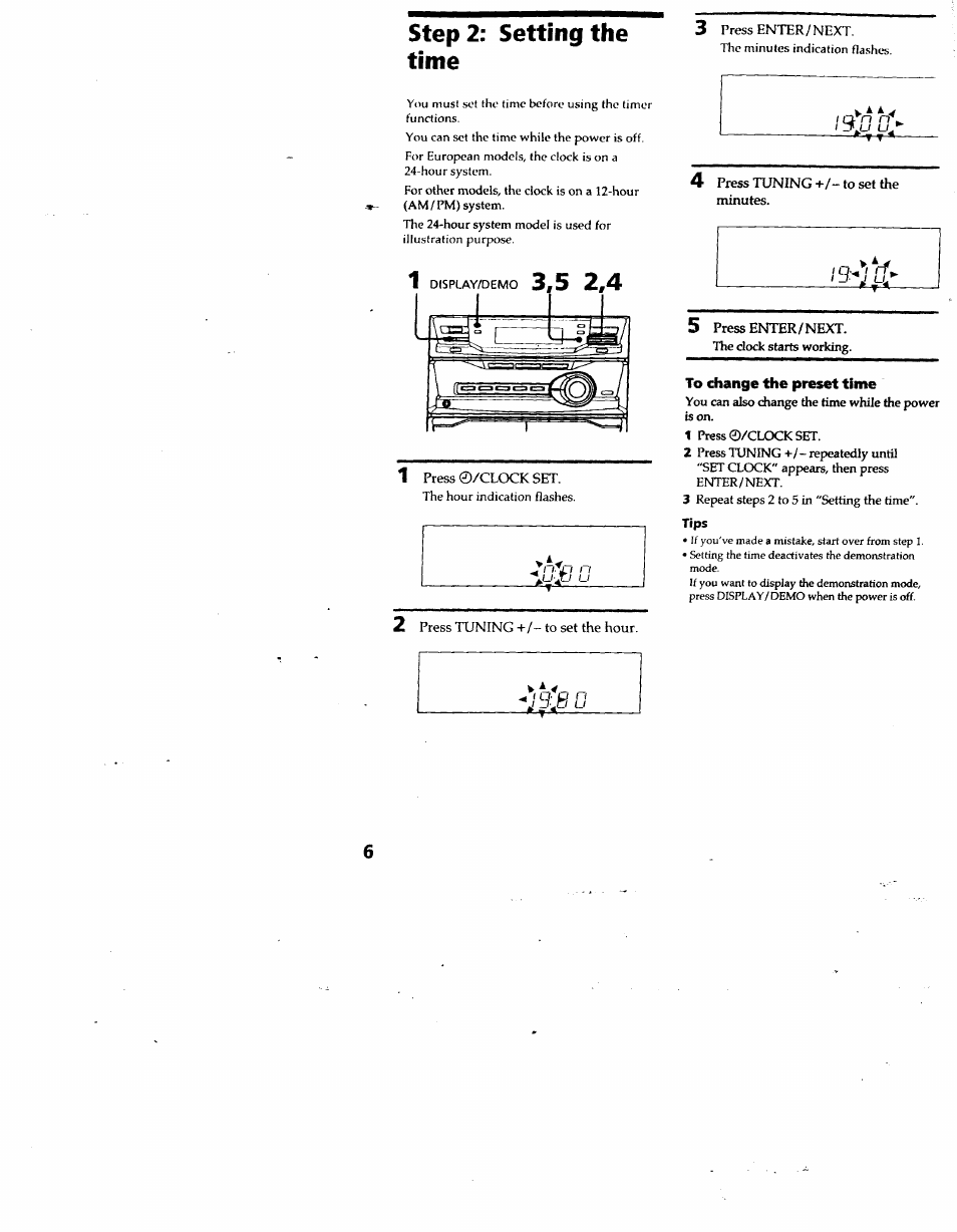 Step 2: setting the time, To change the preset time | Sony LBT-G2500 User Manual | Page 6 / 35