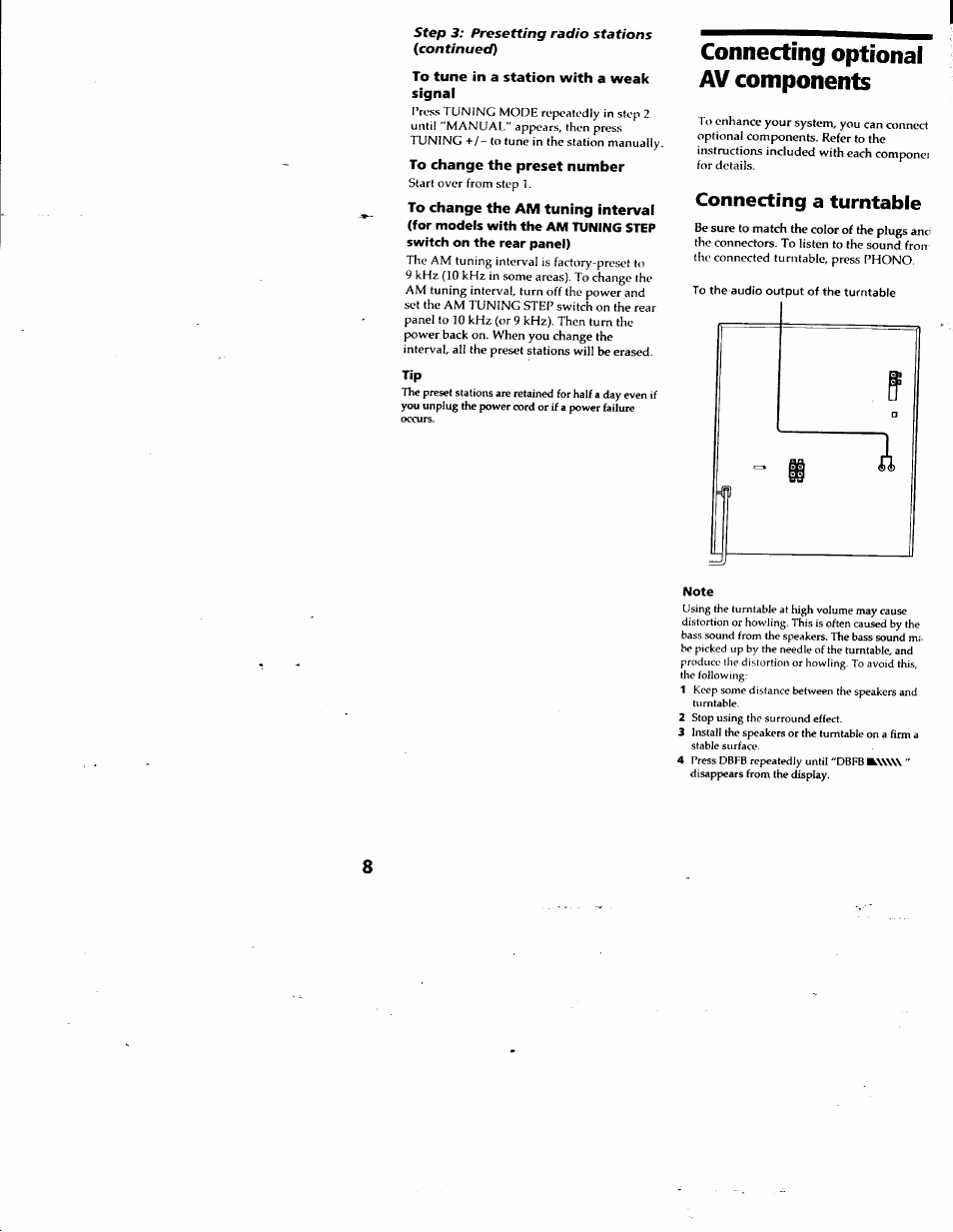 To tune in a station with a weak signal, To change the preset number, Connecting optional av components | Connecting a turntable | Sony LBT-G2500 User Manual | Page 8 / 35