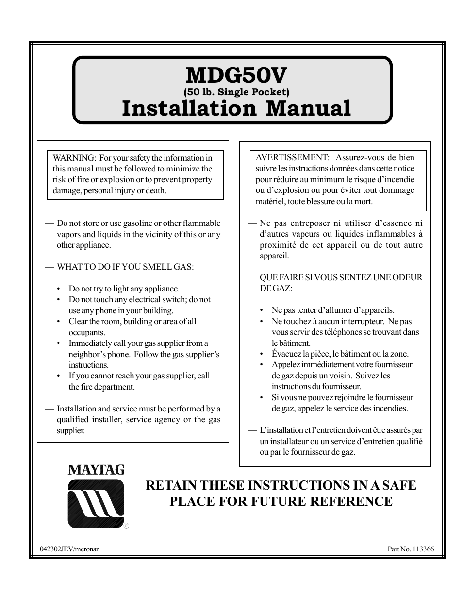American Dryer Corp. 50 lb. Single Pocket MDG50V User Manual | 52 pages