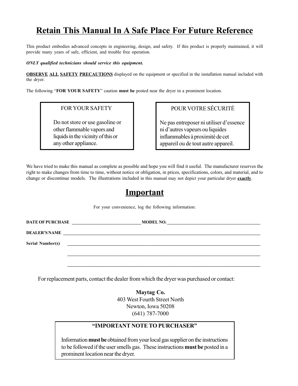 Important | American Dryer Corp. 50 lb. Single Pocket MDG50V User Manual | Page 2 / 52