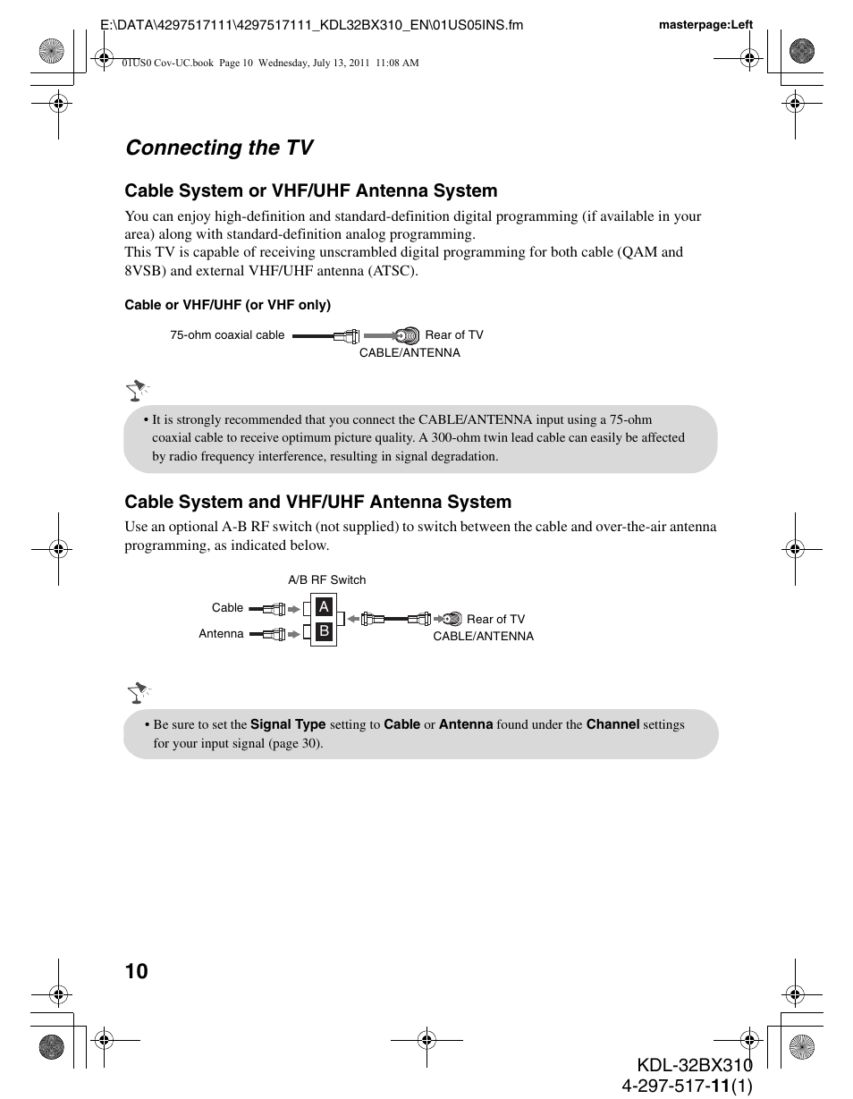 Connecting the tv, Cable system or vhf/uhf antenna system, Cable system and vhf/uhf antenna system | Sony KDL-32BX310 User Manual | Page 10 / 50