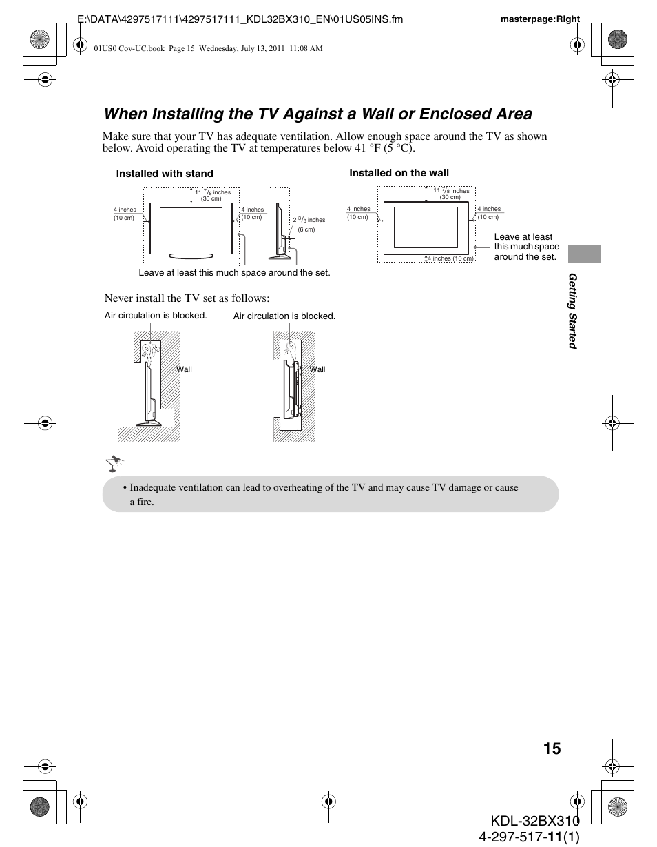 Never install the tv set as follows | Sony KDL-32BX310 User Manual | Page 15 / 50