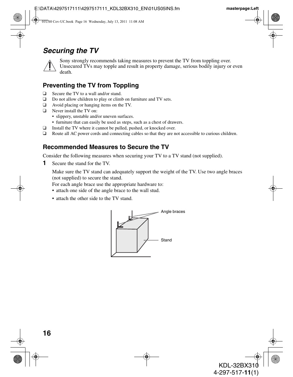 Securing the tv, Preventing the tv from toppling, Recommended measures to secure the tv | Sony KDL-32BX310 User Manual | Page 16 / 50