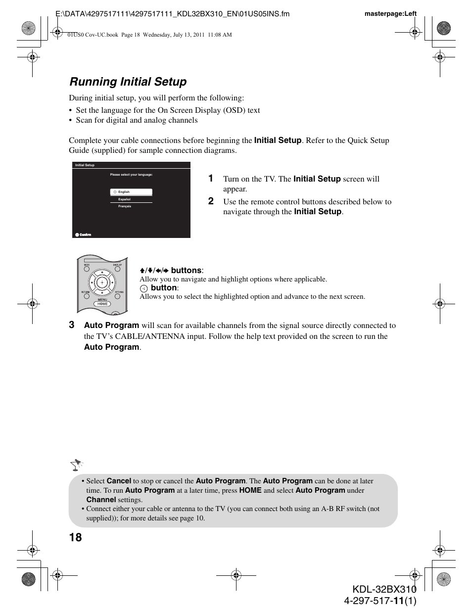 Running initial setup | Sony KDL-32BX310 User Manual | Page 18 / 50