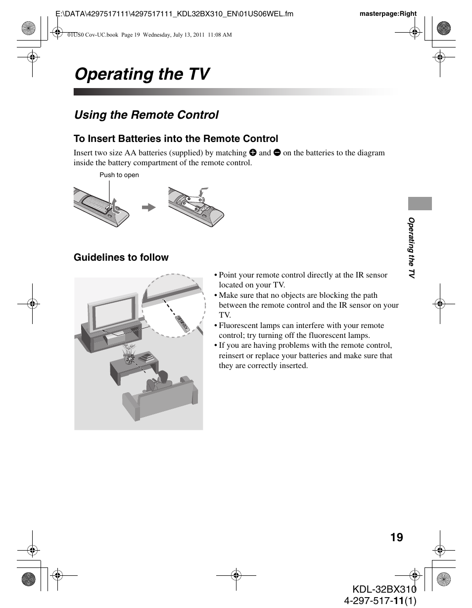 Operating the tv, Using the remote control | Sony KDL-32BX310 User Manual | Page 19 / 50