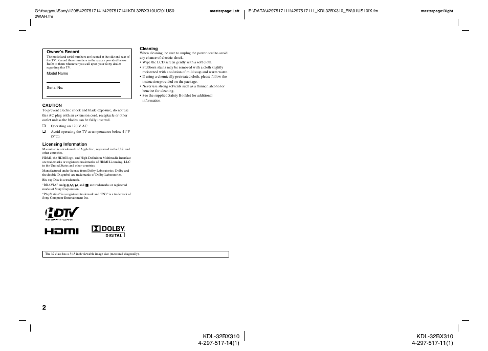 Sony KDL-32BX310 User Manual | Page 2 / 50