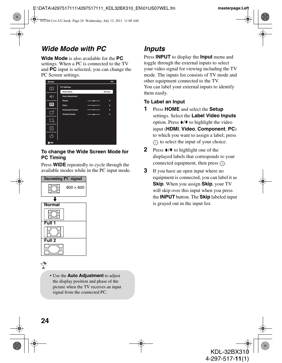 Wide mode with pc, Inputs | Sony KDL-32BX310 User Manual | Page 24 / 50