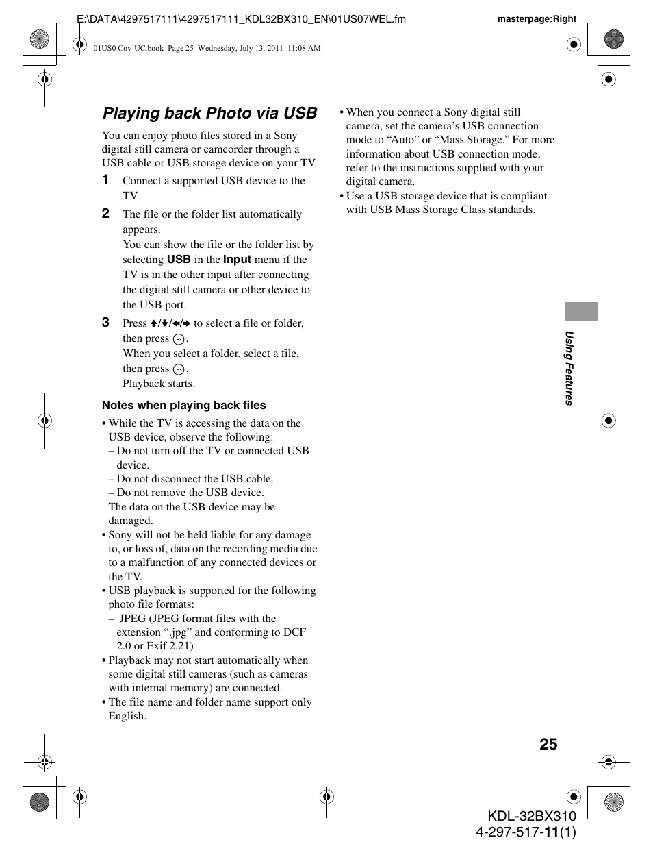 Playing back photo via usb | Sony KDL-32BX310 User Manual | Page 25 / 50