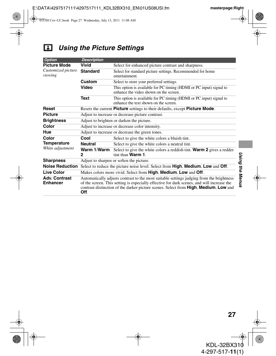 Using the picture settings | Sony KDL-32BX310 User Manual | Page 27 / 50