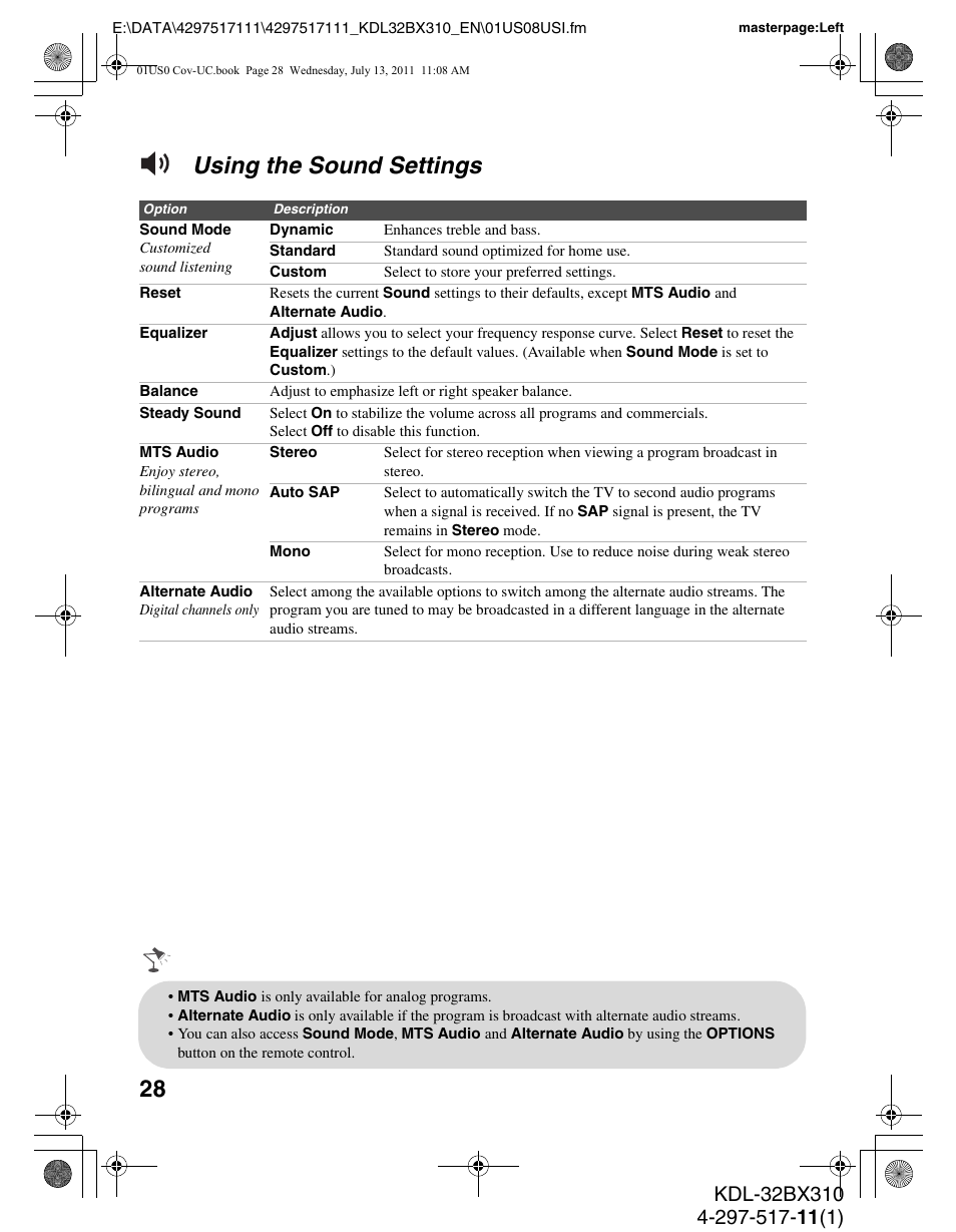 Using the sound settings | Sony KDL-32BX310 User Manual | Page 28 / 50