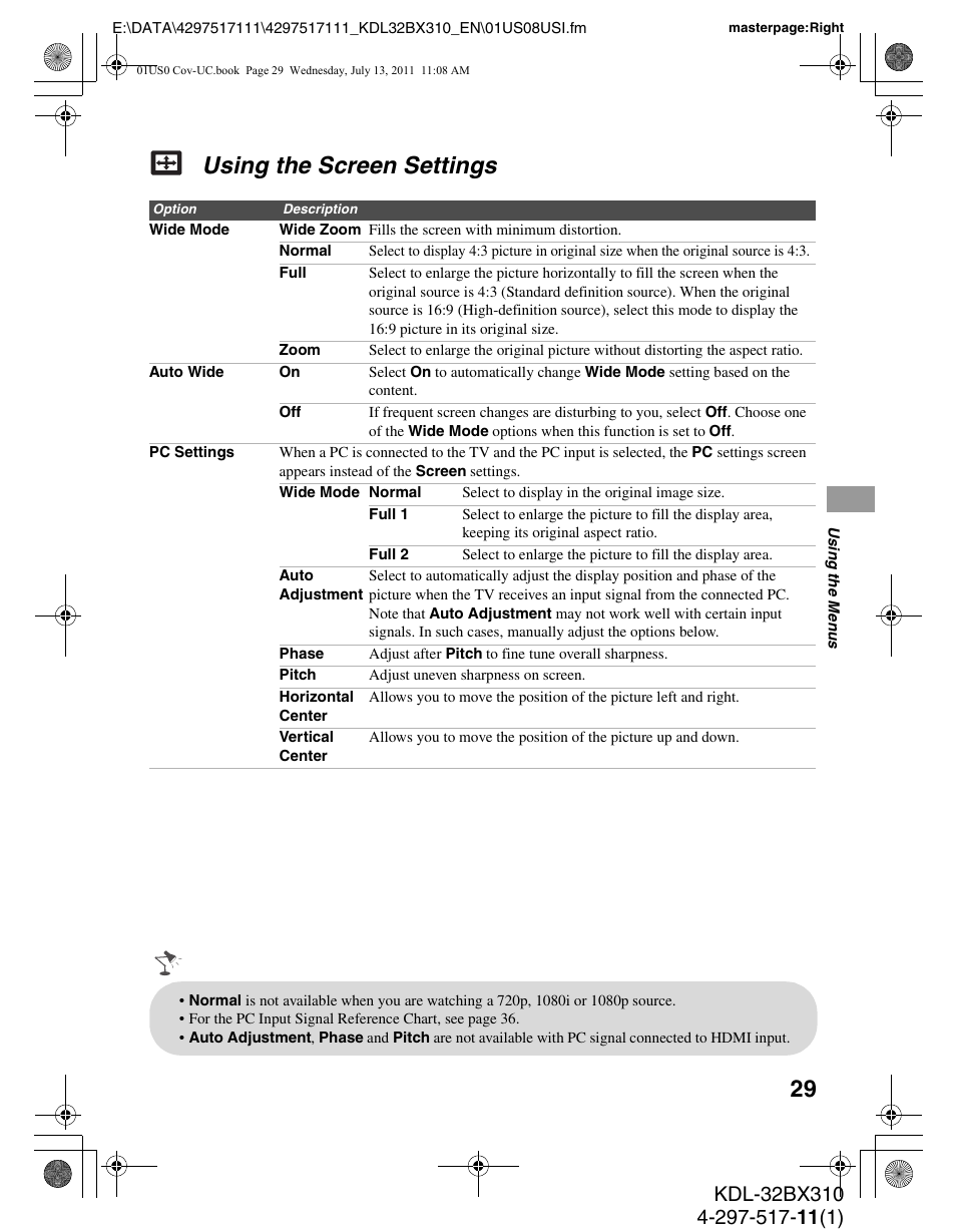 Using the screen settings | Sony KDL-32BX310 User Manual | Page 29 / 50