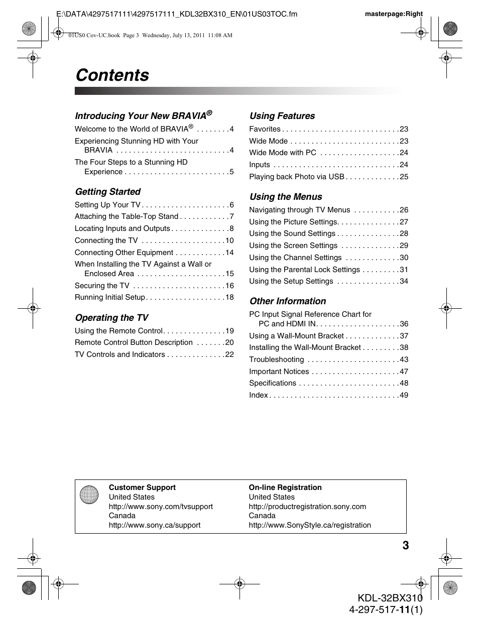 Sony KDL-32BX310 User Manual | Page 3 / 50