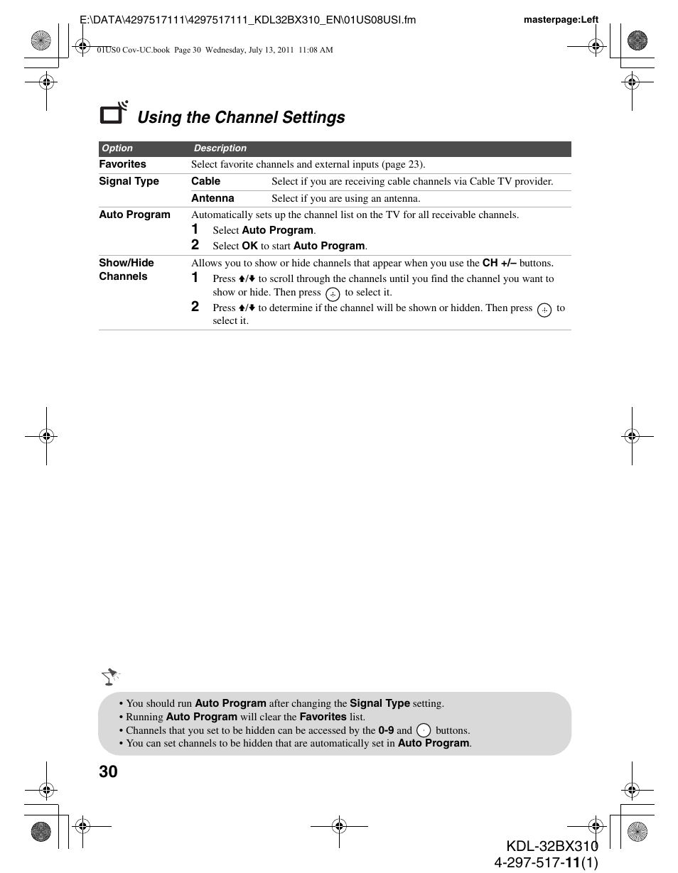 Using the channel settings | Sony KDL-32BX310 User Manual | Page 30 / 50