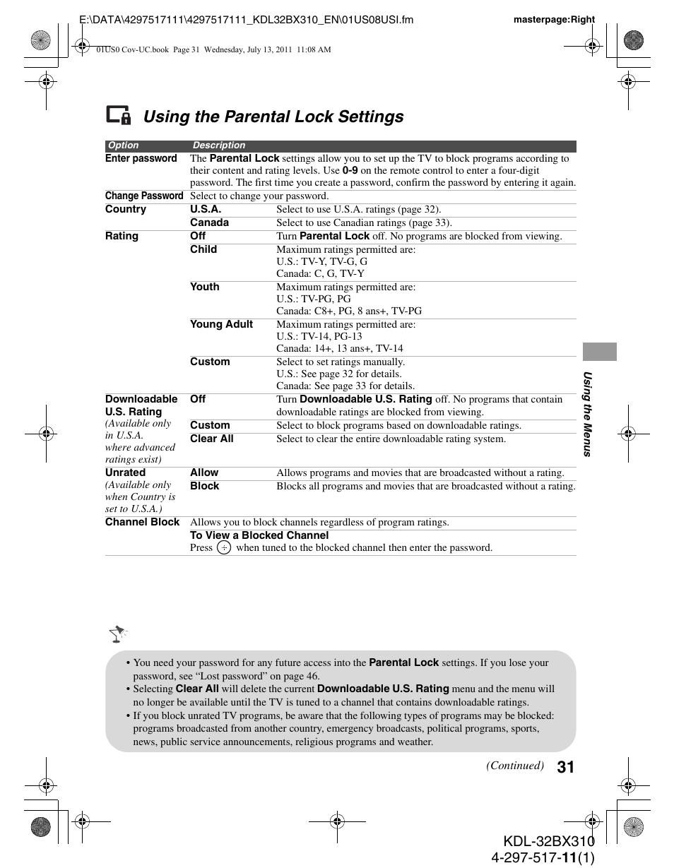 Using the parental lock settings | Sony KDL-32BX310 User Manual | Page 31 / 50