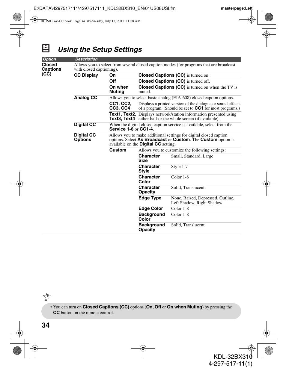 Using the setup settings | Sony KDL-32BX310 User Manual | Page 34 / 50