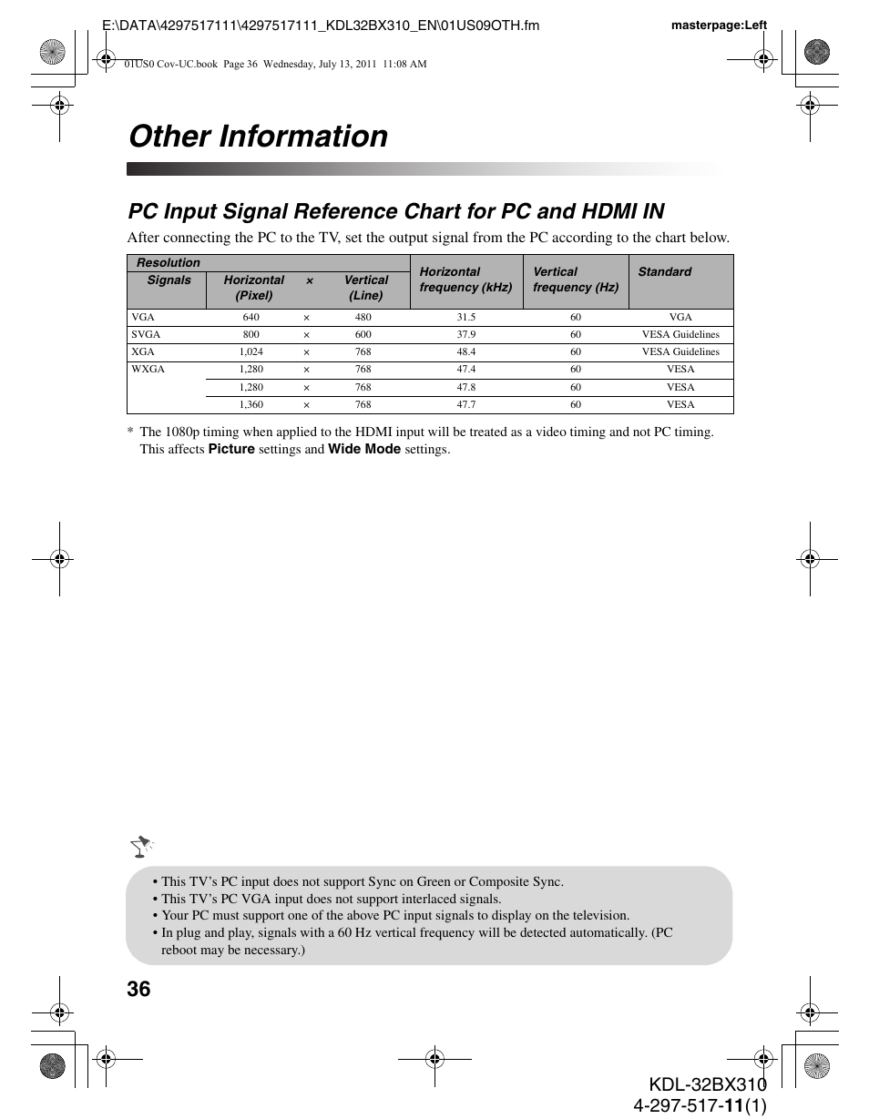 Other information, Pc input signal reference chart for pc and hdmi in | Sony KDL-32BX310 User Manual | Page 36 / 50