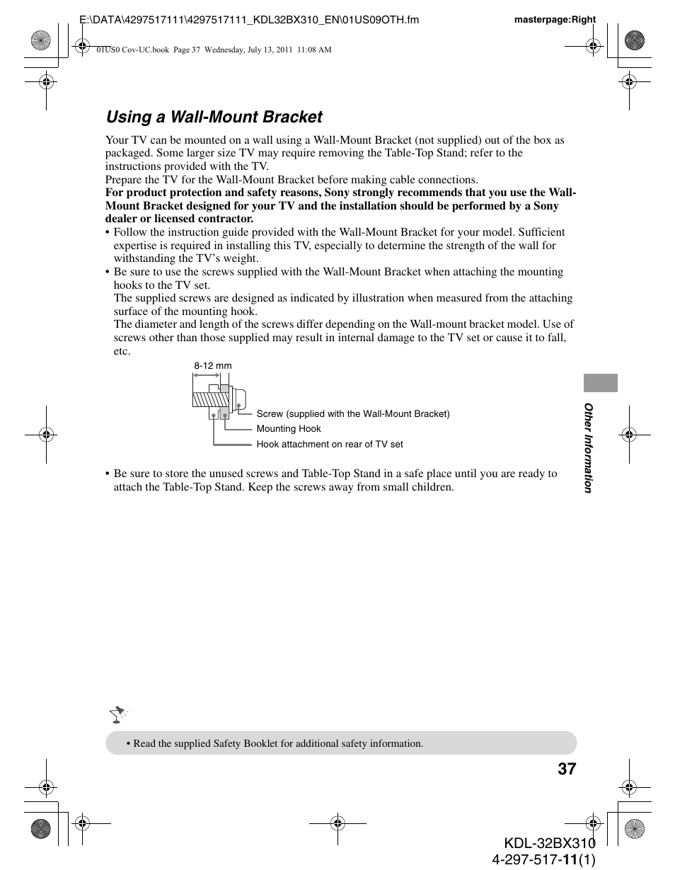 Using a wall-mount bracket | Sony KDL-32BX310 User Manual | Page 37 / 50