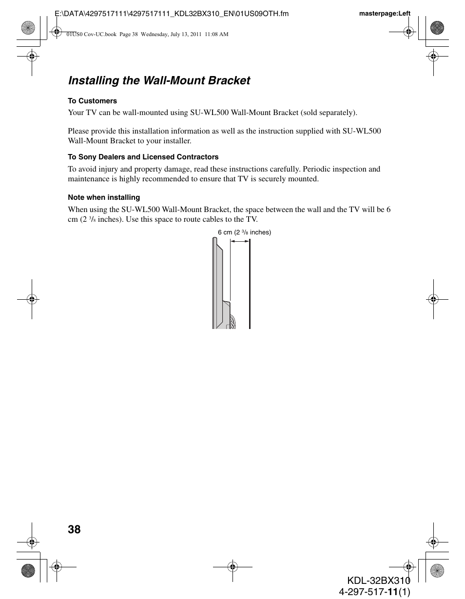 Installing the wall-mount bracket | Sony KDL-32BX310 User Manual | Page 38 / 50