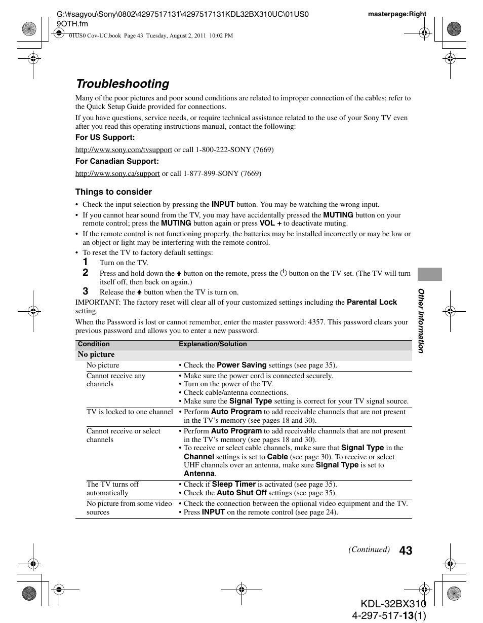 Troubleshooting | Sony KDL-32BX310 User Manual | Page 43 / 50