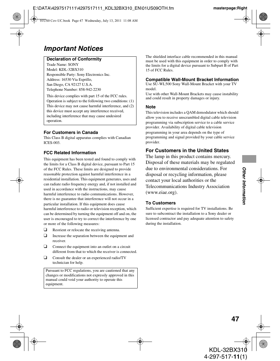 Important notices | Sony KDL-32BX310 User Manual | Page 47 / 50