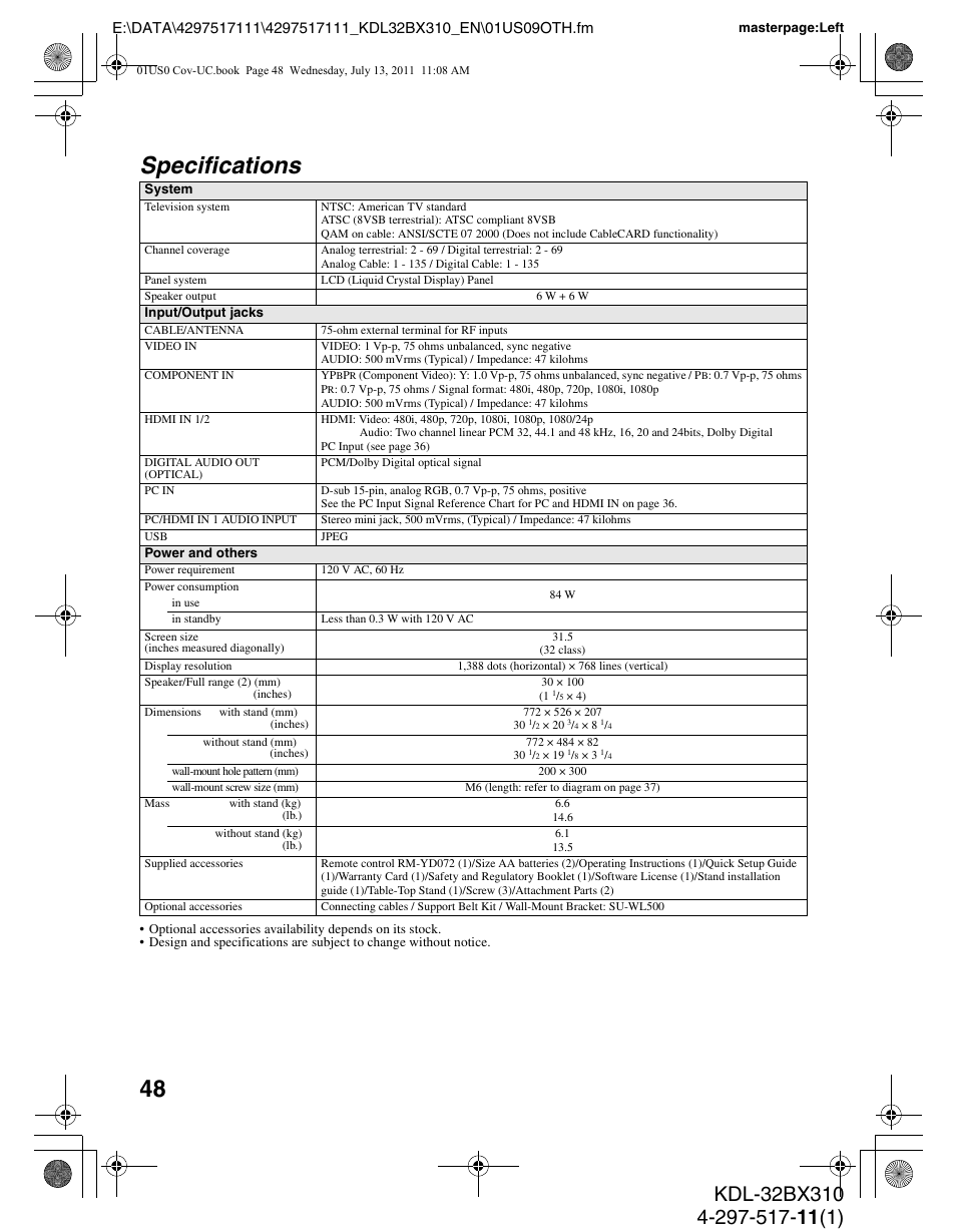 Specifications | Sony KDL-32BX310 User Manual | Page 48 / 50