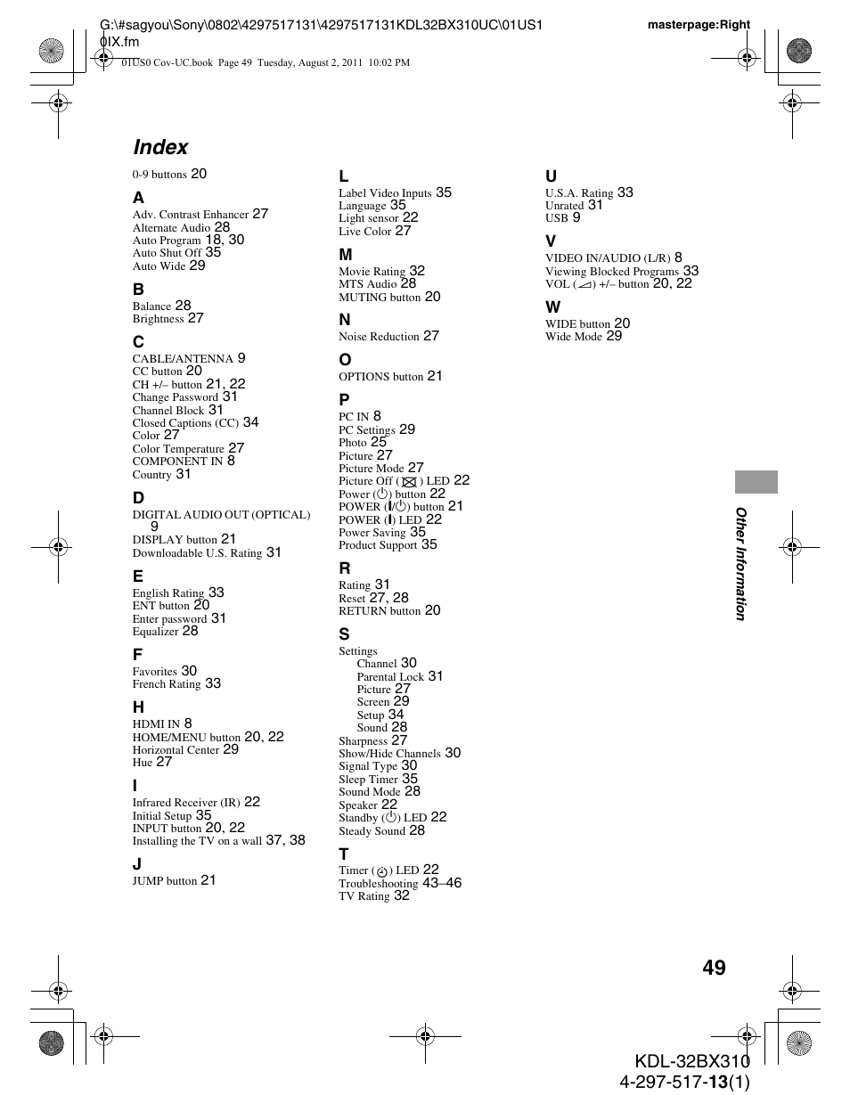 Index | Sony KDL-32BX310 User Manual | Page 49 / 50